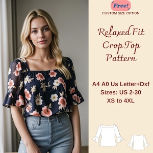 May include: A digital sewing pattern for a relaxed fit crop top. The pattern includes sizes UK 4-34, XS to 4XL. The pattern is available in A4, A0, and UK Letter sizes, as well as in DXF format. The image shows a woman wearing a floral print top, which is similar to the style of the pattern.
