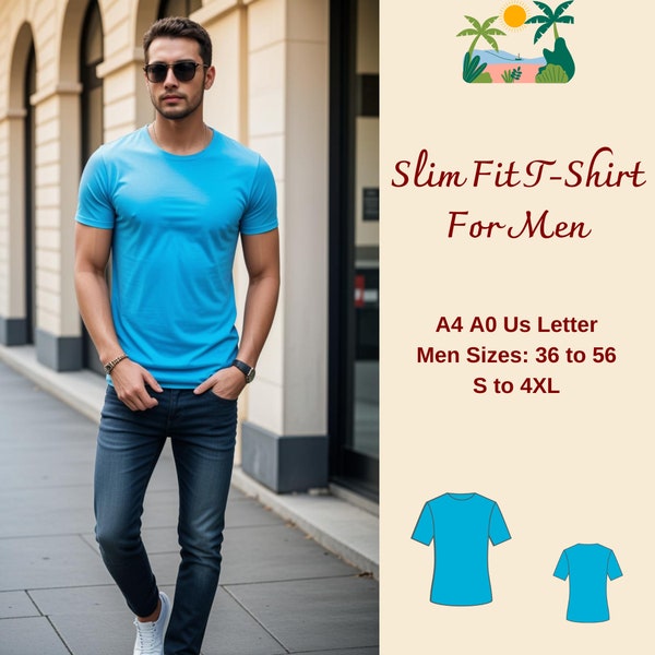 Slim Fit Men's T-Shirt Sewing Pattern, T-Shirt Pattern for Men, T-Shirt Sewing Pattern, Men's Sewing Pattern, Men Size 36 to 56, S to 4 XL