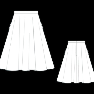 May include: A white, full-length skirt with a fitted waistband and a flowing, A-line silhouette. The skirt has a center back zipper and a button closure.