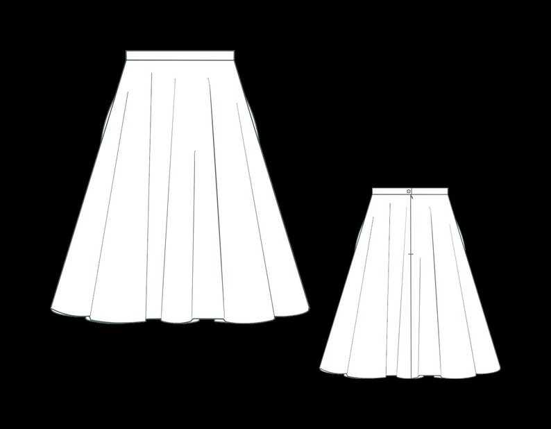May include: A white, full-length skirt with a fitted waistband and a flowing, A-line silhouette. The skirt has a center back zipper and a button closure.
