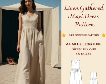 Gathered Maxi Linen Summer Dress Sewing Pattern, Gathering Skirt, Cottagecore dress, Shift Dress Pattern, Overall Dress, Boho Dress, XS-4XL