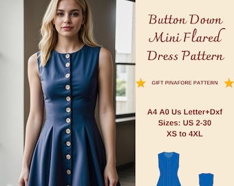 May include: A digital sewing pattern for a button-down mini flared dress. The pattern includes sizes UK 6-34, XS to 4XL, and comes in A4, A0, UK Letter, and DXF formats. The pattern is shown on a model wearing a blue dress.