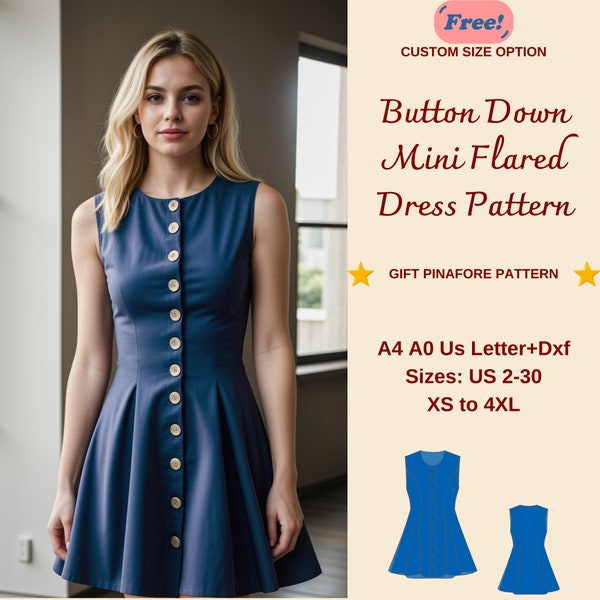 Button Down Mini Flared Dress Sewing Pattern, Gift Pattern,Babydoll Dress, Button Front Dress, Sundress Pattern, Million Button Dress XS-4XL