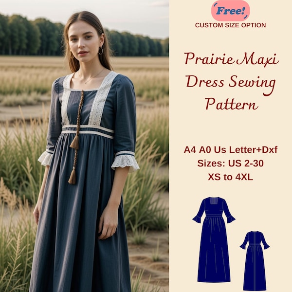 Prairie Dress Sewing Pattern, Edwardian Dress, Linen dress,  Fit and Flare Dress, Calico Dress, Victorian Dress, Historical Dress, XS-4XL