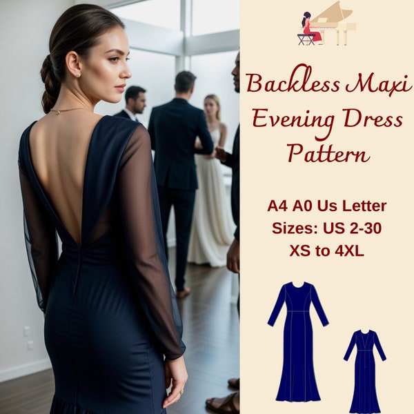 Open Back Evening Gown Sewing Pattern, Backless Evening Dress Pattern, Open Back Dress Pattern, Maxi Dress, Ball Gown, Prom Dress, XS-4XL