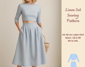 Linen Skirt & Crop Top Sewing Pattern: A-Line Midi (XS-4XL) (PDF Pattern Bundle