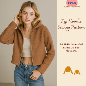 May include: A woman wearing a brown zip-up hoodie. The hoodie has a hood and a zipper closure. The image also includes text that says "Zip Hoodie Sewing Pattern" and size options from XS to 4XL.