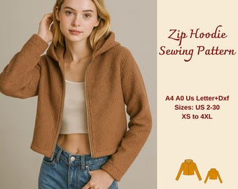 Patrón de costura para chaqueta de mujer, sudadera con cremallera para mujer, patrón de sudadera corta, patrón de costura para mujer, chaqueta corta, chaqueta con cremallera, XS-4XL