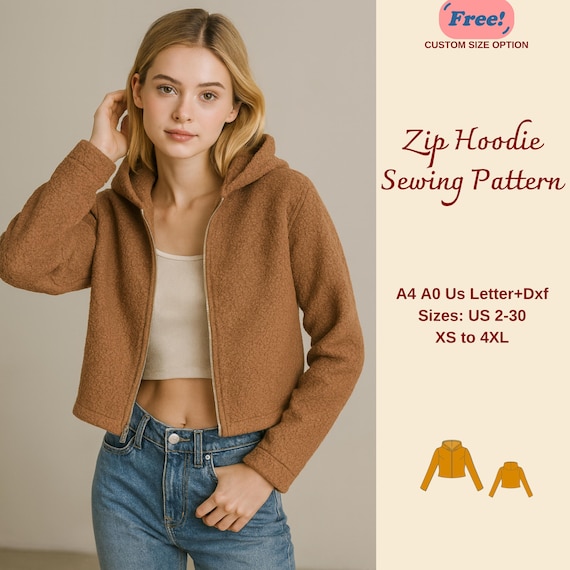 Women Jacket Sewing Pattern, Zip Hoodie For Women, Crop Hoodie Pattern, Women Sewing Pattern, Crop Jacket, Zip Up Jacket, XS-4XL