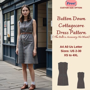 May include: A sleeveless, button-down dress in a gray plaid pattern, cinched at the waist with a brown belt. The dress features a tailored fit, a small pocket, and is paired with brown shoes. Text on the image reads "Button Down Cottagecore Dress Pattern".