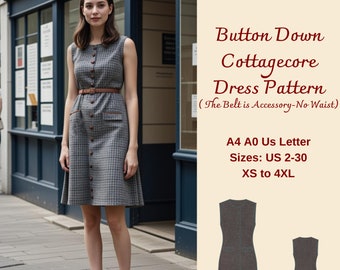 Wykrój sukienki Cottagecore z guzikami: linia A, XS-4XL (wykrój w formacie PDF)