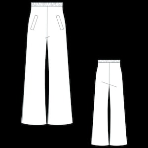 Op de afbeelding: Witte broek met wijde pijpen, hoge taille en zakken. De broek heeft een relaxte pasvorm en een eenvoudig ontwerp. De afbeelding toont twee broeken, een grotere en een kleinere, beide met hetzelfde ontwerp.