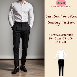 May include: A sewing pattern for a suit set, with a white shirt and black pants. The pattern includes sizes from 35 to 56, XS to 4XL. The pattern is available in A4, A0, US Letter, and DXF formats.