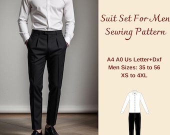 Men's Suit Set Bundle Sewing Pattern, Men's Suit Pants, Men's Suit Shirt, Slim Fit Pants for Men, Slim Fit Shirt for Men, Sizes 35-56 XS-4XL