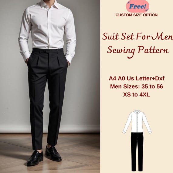 Men's Suit Set Bundle Sewing Pattern, Men's Suit Pants, Men's Suit Shirt, Slim Fit Pants for Men, Slim Fit Shirt for Men, Sizes 35-56 XS-4XL