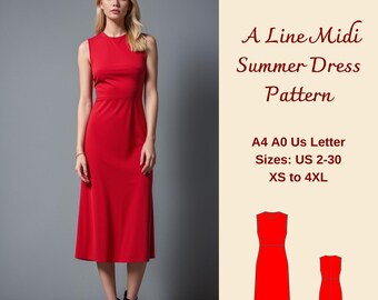 Puede incluir: Un patrón de costura para un vestido midi rojo de línea A. El patrón incluye las tallas US 2-30, XS a 4XL. El patrón está disponible en tamaños A4, A0 y carta estadounidense. El texto "Free! Custom Size Option" está en la parte superior de la imagen.