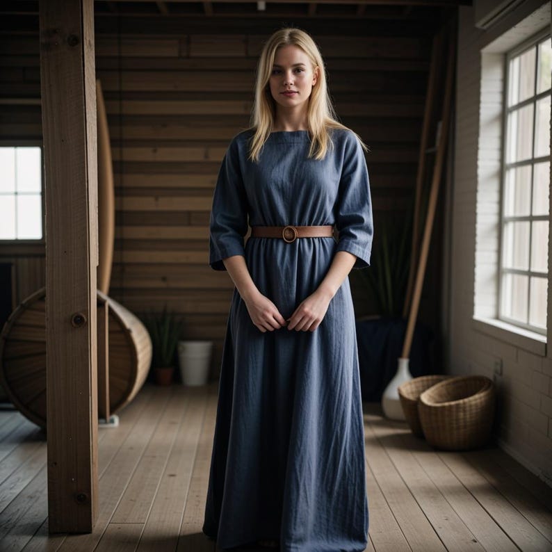 May include: A woman wearing a long, blue linen dress with a brown leather belt. The dress has a simple, loose fit and a round neckline. The woman is standing in a room with wooden walls and a window.