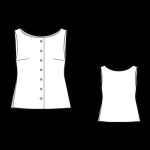 May include: A white sleeveless top featuring a round neckline and a front button placket with six circular buttons. The garment includes bust darts for shaping and is shown alongside a smaller, plain white sleeveless top with a round neckline.