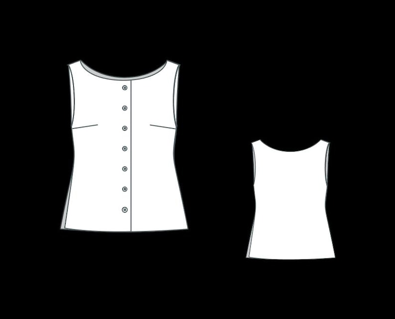 May include: A white sleeveless top featuring a round neckline and a front button placket with six circular buttons. The garment includes bust darts for shaping and is shown alongside a smaller, plain white sleeveless top with a round neckline.