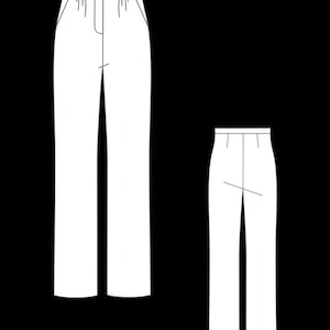 May include: A technical line drawing of high-waisted trousers shown from the front and back. The front view features a waistband with a button, vertical pleats, and side pockets. The back view displays a clean waistband with two vertical darts.