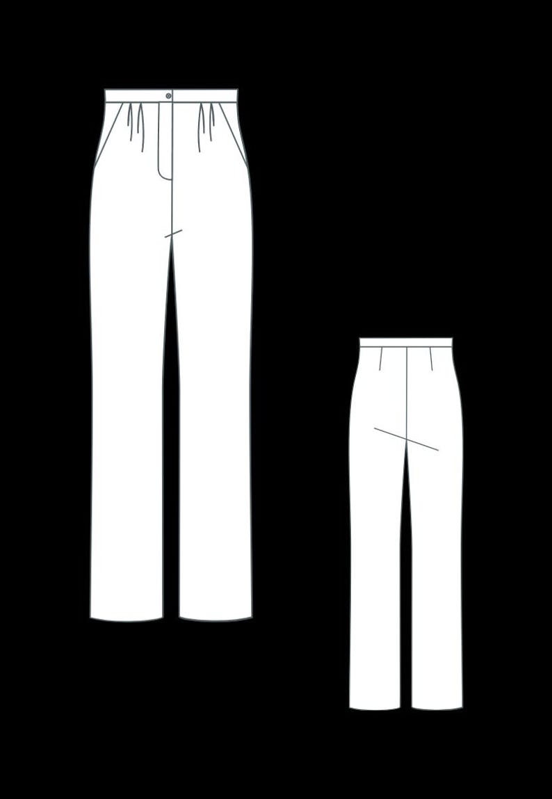 May include: A technical line drawing of high-waisted trousers shown from the front and back. The front view features a waistband with a button, vertical pleats, and side pockets. The back view displays a clean waistband with two vertical darts.