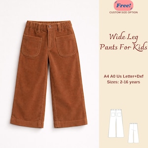 May include: Brown corduroy wide-leg pants for kids. The pants have two large front pockets and a button closure. The text on the image says "Wide Leg Pants For Kids" and "Sizes: 2-16 years".