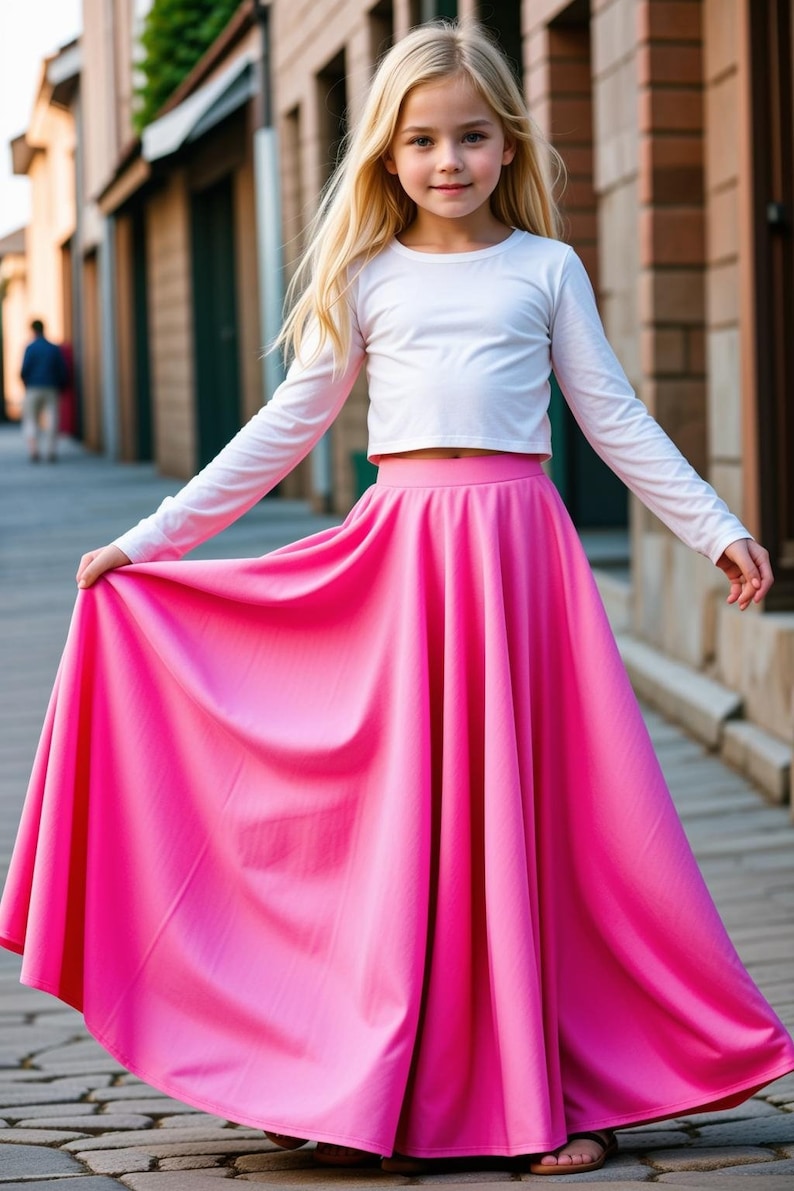 May include: A young girl wearing a white long-sleeved crop top and a bright pink full-length skirt. She is standing on a brick walkway.