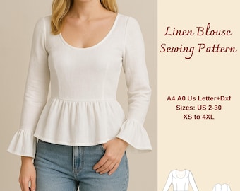 Linen Peplum Blouse Sewing Pattern: Ruffled Cottagecore Top (XS-4XL) (PDF Pattern)