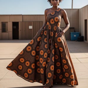 May include: A brown maxi dress with a one-shoulder neckline and a colorful geometric print featuring orange and black circles.