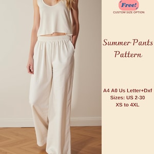 Puede incluir: Un patrón de descarga digital para pantalones de verano en tallas XS a 4XL. El patrón incluye tallas de la 34 a la 52 y está disponible en formatos A4, A0, Carta US y DXF.