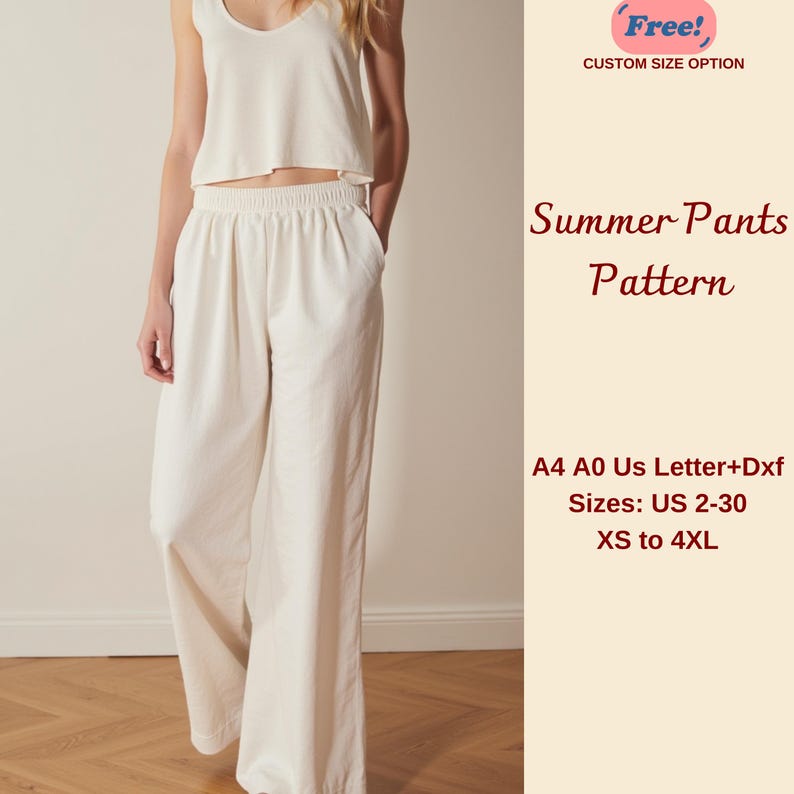 Elastic Waist Summer Pants Sewing Pattern, wide leg pants, pants pattern, summer pants, PDF Sewing Pants, Women sewing pattern, XS-4XL