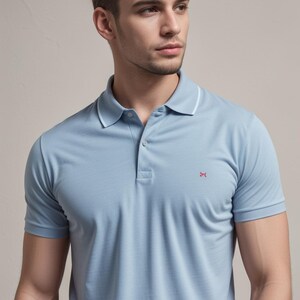 Pu&ograve; includere: Una polo blu chiaro con colletto bianco e un piccolo logo rosso sul lato destro del petto.