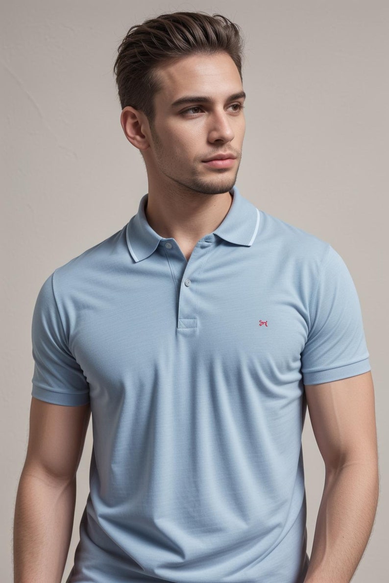 Pu&ograve; includere: Una polo blu chiaro con colletto bianco e un piccolo logo rosso sul lato destro del petto.