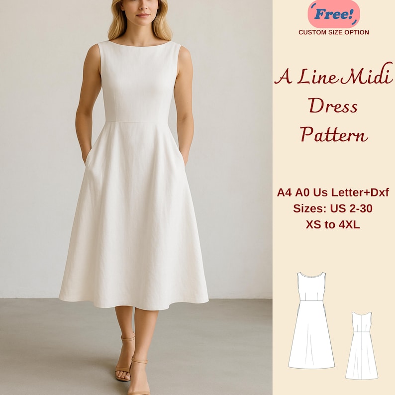 A Line Midi Linen Dress Sewing Pattern, Women Linen Dress Pattern, Boat Neck Dress, Summer Sleeveless Midi Dress, Easy Dress Pattern, XS-4XL