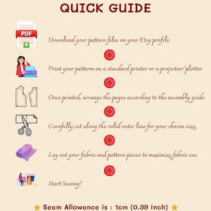 K&ouml;nnte beinhalten: Beige Infografik mit dem Titel &bdquo;Quick Guide&ldquo; mit Anweisungen f&uuml;r Schnittmuster. Schritte umfassen das Herunterladen von Dateien, Drucken, Anordnen von Seiten, Zuschneiden, Auslegen des Stoffes und Beginn des N&auml;hens. Nahtzugabe: 1 cm.