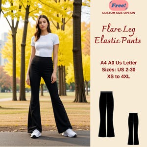 May include: Black flare leg elastic pants sewing pattern. The pattern includes sizes US 2-30, XS to 4XL. The pattern is available in A4, A0, and US Letter sizes.