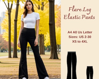 High Waist Flare Leg Elastic Pants Sewing Pattern, Flared Summer Pants, Flare Leg Leggings, Flared Leg Pants, High Waist pants, XS-4XL