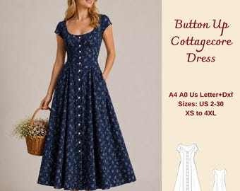 Cottagecore Button Front Dress Sewing Pattern, Vintage Midi Summer Dress, Scoop Neck, XS-4XL