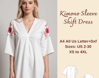 Kimono Sleeve Shift Dress Sewing Pattern: XS-4XL (PDF Pattern)