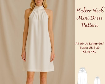 Halter Neck Mini Dress Sewing Pattern: Bridal, Summer (XS-4XL) (PDF Pattern)