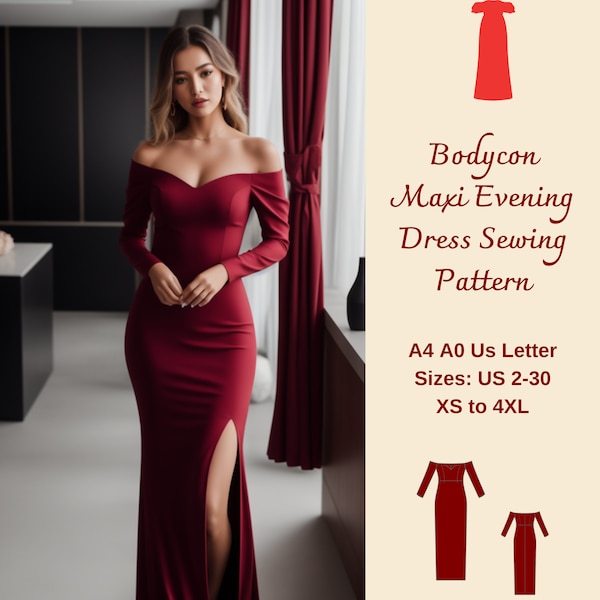 Bodycon Maxi Evening Dress Sewing Pattern, Off Shoulder Dress, Prom Dress, Ribbed Dress, Maxi Dress, Cocktail Dress, Evening Gown, XS-4XL