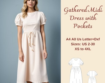 May include: A sewing pattern for a gathered midi dress with pockets. The pattern includes sizes US 2-30, XS to 4XL. The pattern is available in A4, A0, US Letter, and DXF formats.