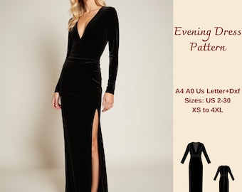 May include: A black velvet evening dress pattern with a deep V-neckline, long sleeves, and a thigh-high slit. The pattern includes sizes US 2-30, XS to 4XL, and is available in A4, A0, and US Letter sizes. The pattern is also available in Dxf format. "Free! Custom Size Option" is written in the top right corner.