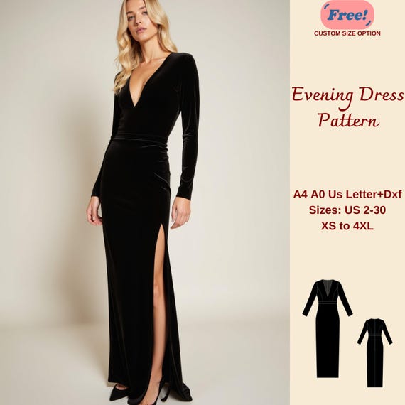 Plunging V Neck Bodycon Evening Dress Sewing Pattern, V neck Dress, Bodycon Dress, Evening Dress, Slit Dress, Formal Dress Pattern, XS-4XL