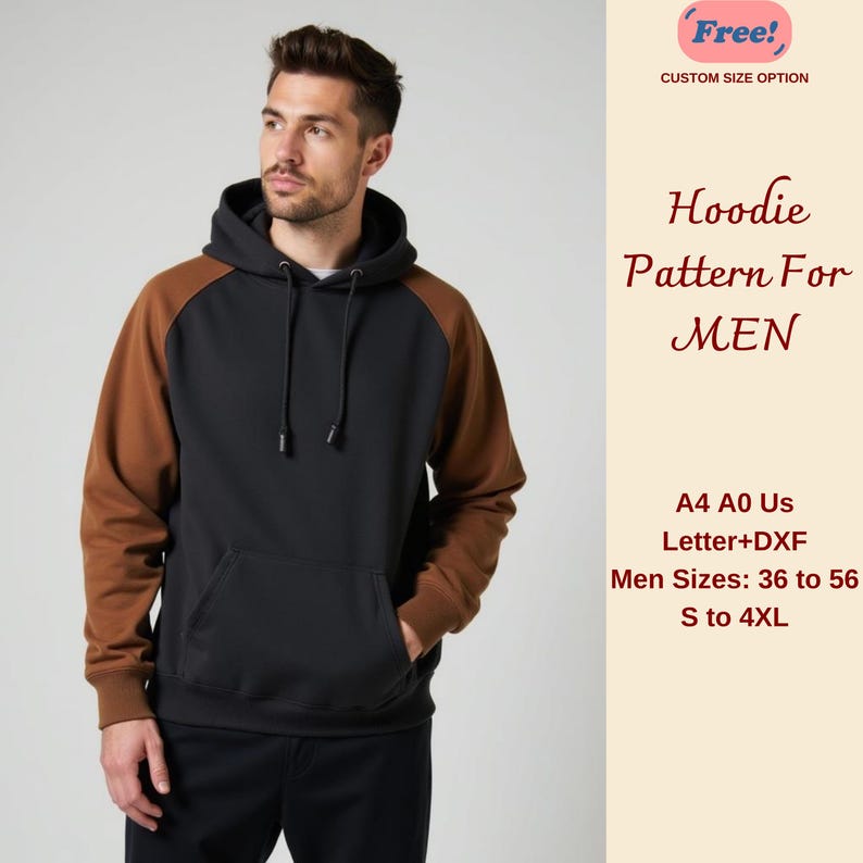 Men's Hoodie Sewing Pattern, Sweatshirt for Men, Hoodie Pattern for Men, Mens Sewing Pattern, Raglan Sleeve Hoodie, Sizes 36-56, S-4XL