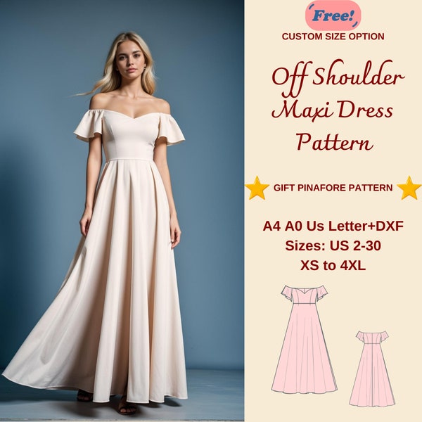 Off Shoulder Maxi Dress Sewing Pattern, Prom Dress, Ball Gown, Evening Gown, Graduation Dress, Circle Dress Pattern, XS-4XL