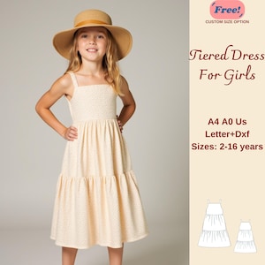 Patrón de costura para vestido escalonado para niñas, vestido fruncido para niñas, vestido de verano escalonado para niñas, patrón de costura digital fácil para niñas de 2 a 16 años