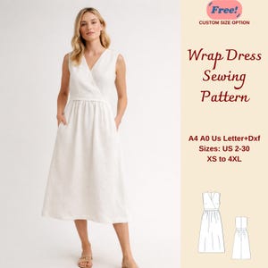 Puede incluir: Una mujer con un vestido cruzado blanco sin mangas con cuello en V y bolsillos. El vestido llega a la rodilla. El texto a la derecha dice "Wrap Dress Sewing Pattern" con tallas US 2-30 y XS a 4XL.