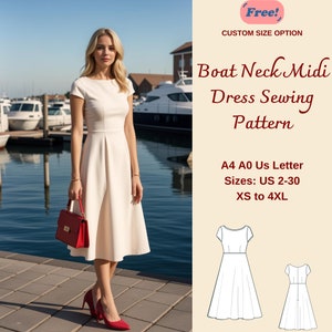 Boat Neck Midi Summer Dress Sewing Pattern, Easy Dress Pattern, Evening Dress, Cocktail Dress, Circle Dress Pattern, Prom Dress, XS-4XL