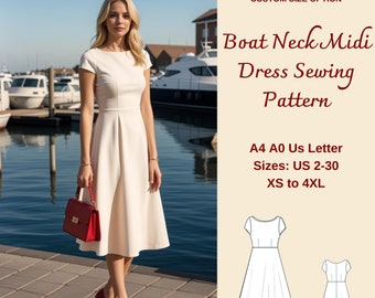 Boat Neck Midi Summer Dress Sewing Pattern, Easy Dress Pattern, Evening Dress, Cocktail Dress, Circle Dress Pattern, Prom Dress, XS-4XL